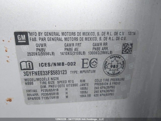 Продаж на аукціоні авто 2015 Cadillac Srx Luxury, vin: 3GYFNEE33FS583123, номер лоту: 12563229