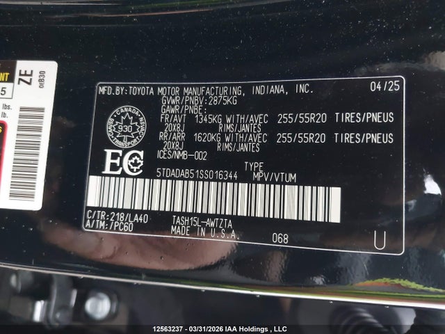 2025 Toyota Grand Highlander Hybrid Platinum Max მანქანა იყიდება აუქციონზე, vin: 5TDADAB51SS016344, აუქციონის ნომერი: 12563237