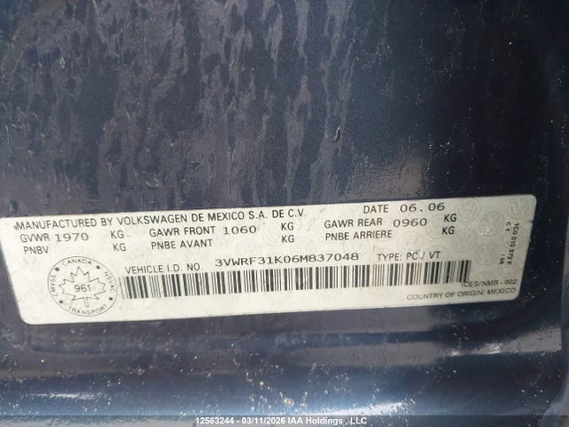 2006 Volkswagen Jetta 2.5 მანქანა იყიდება აუქციონზე, vin: 3VWRF31K06M837048, აუქციონის ნომერი: 12563244