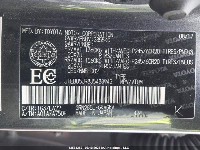 12563252 :رقم المزاد ، JTEBU5JR8J5488945 vin ، 2018 Toyota 4runner Sr5 Prem/ltdl/trail/trd مزاد بيع