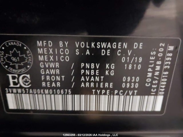12563255 :رقم المزاد ، 3VWW57AU0KM010675 vin ، 2019 Volkswagen Golf S/se مزاد بيع