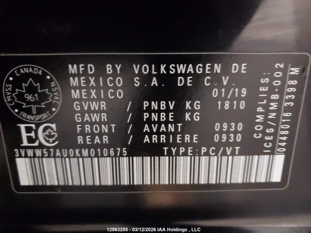 12563255 :رقم المزاد ، 3VWW57AU0KM010675 vin ، 2019 Volkswagen Golf S/se مزاد بيع