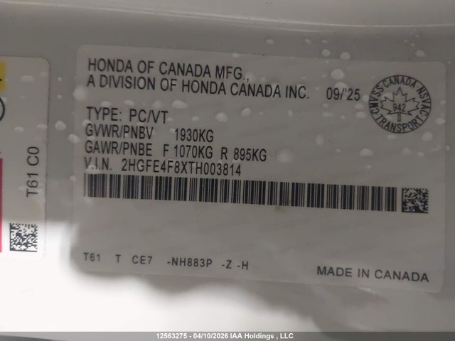 Aukcja sprzedaży 2026 Honda Civic Sport Hybrid/sport Touring Hybrid, vin: 2HGFE4F8XTH003814, numer aukcji: 12563275