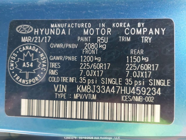 KM8J33A47HU459234 Hyundai Tucson Premium