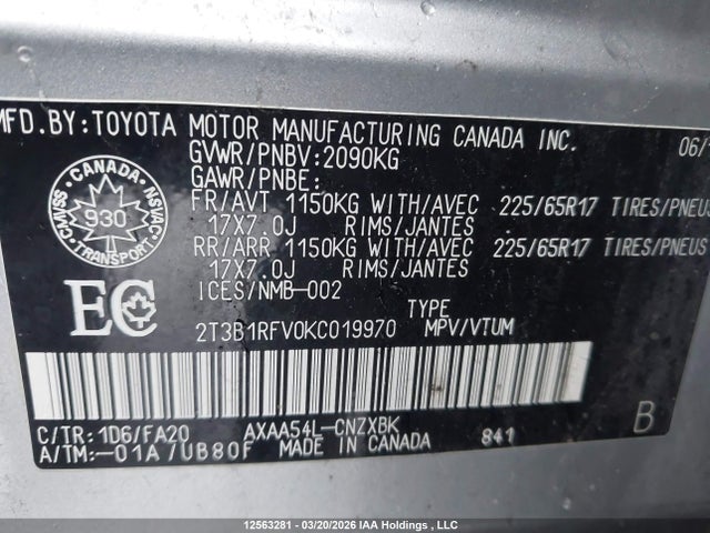 12563281 :رقم المزاد ، 2T3B1RFV0KC019970 vin ، 2019 Toyota Rav4 مزاد بيع