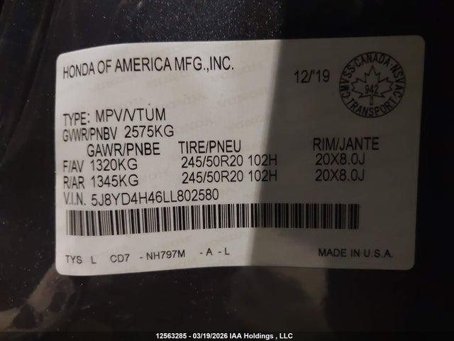 5J8YD4H46LL802580 Acura Mdx Tech