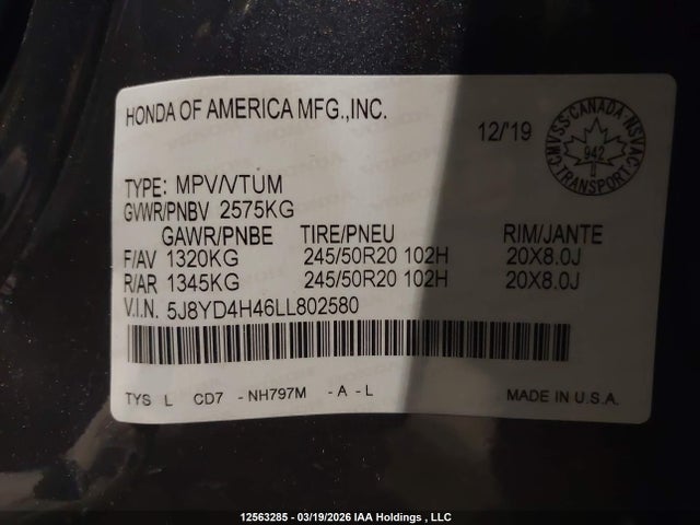 5J8YD4H46LL802580 Acura Mdx Tech