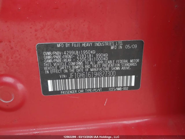 Продаж на аукціоні авто 2009 Subaru Impreza 2.5 I, vin: JF1GH61619H827300, номер лоту: 12563299