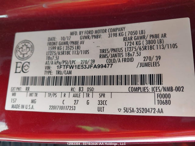 1FTFW1E53JFA99477 Ford F-150 Xlt