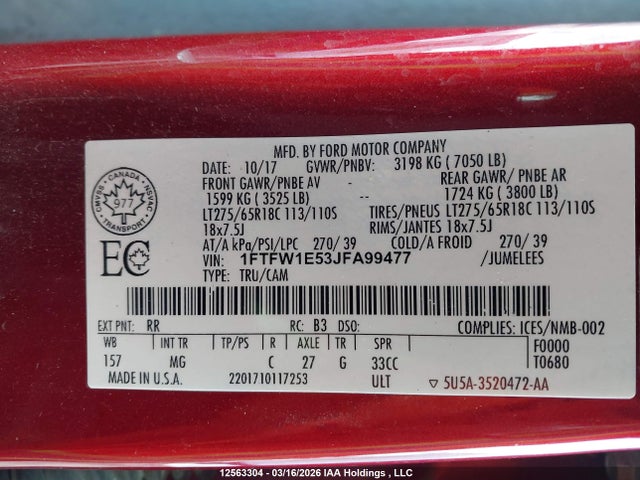 1FTFW1E53JFA99477 Ford F-150 Xlt