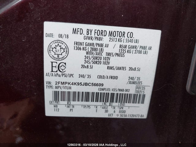 2018 Ford Edge Titanium მანქანა იყიდება აუქციონზე, vin: 2FMPK4K95JBC56609, აუქციონის ნომერი: 12563316