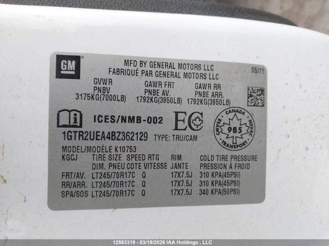 Aukcja sprzedaży 2011 Gmc Sierra K1500 Sl, vin: 1GTR2UEA4BZ362129, numer aukcji: 12563319