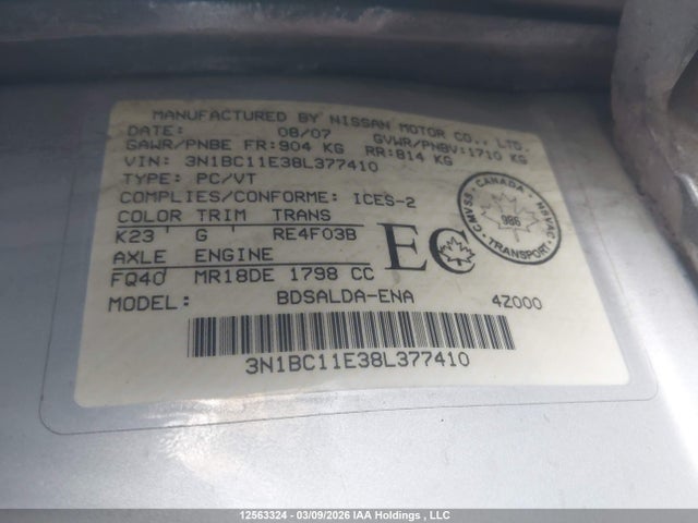 Продажа на аукционе авто 2008 Nissan Versa S/sl, vin: 3N1BC11E38L377410, номер лота: 12563324
