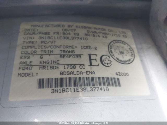 Продажа на аукционе авто 2008 Nissan Versa S/sl, vin: 3N1BC11E38L377410, номер лота: 12563324