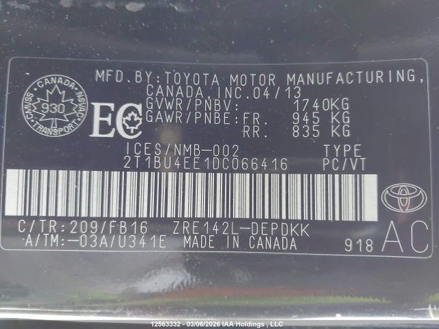 12563332 :رقم المزاد ، 2T1BU4EE1DC066416 vin ، 2013 Toyota Corolla S/le مزاد بيع