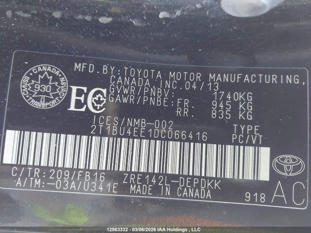 12563332 :رقم المزاد ، 2T1BU4EE1DC066416 vin ، 2013 Toyota Corolla S/le مزاد بيع