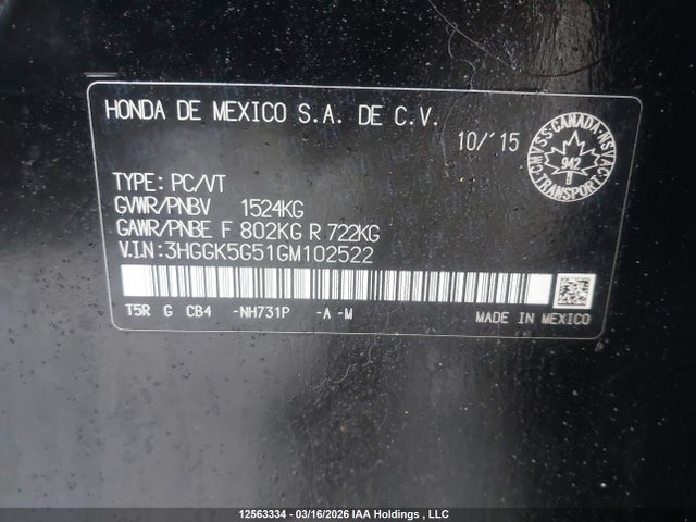 3HGGK5G51GM102522 Honda FIT LX