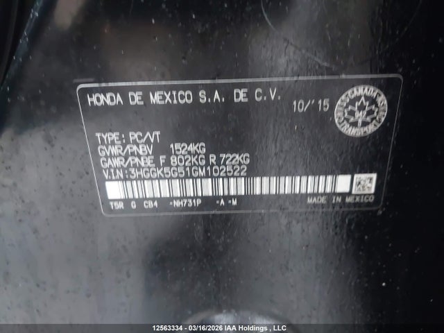 3HGGK5G51GM102522 Honda FIT LX