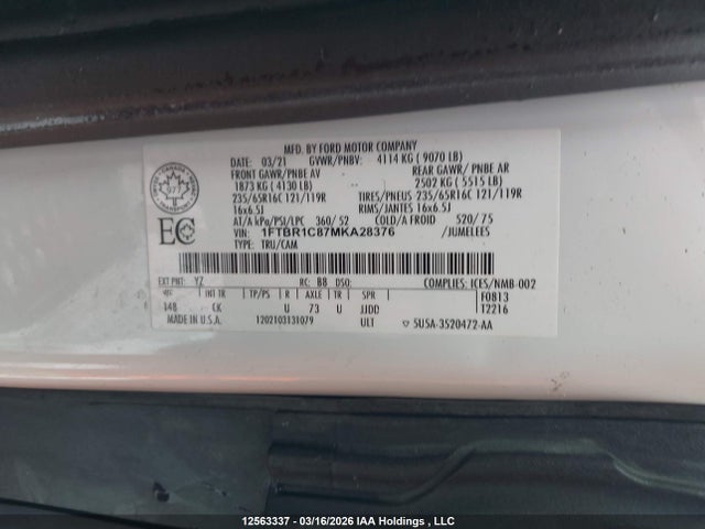 Продаж на аукціоні авто 2021 Ford Transit T-250, vin: 1FTBR1C87MKA28376, номер лоту: 12563337