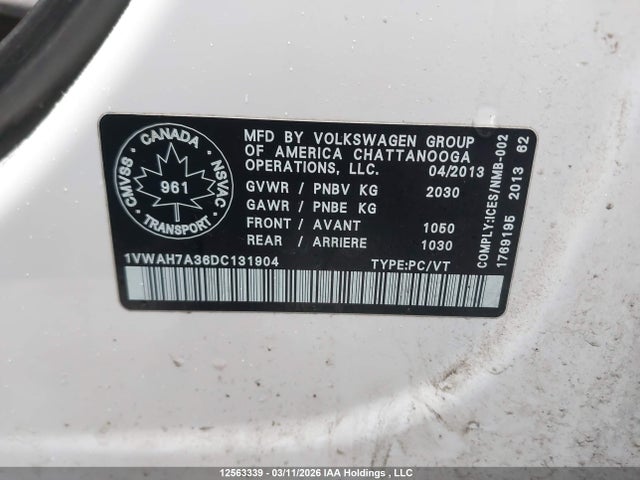 Продажа на аукционе авто 2013 Volkswagen Passat 2.5l Trendline, vin: 1VWAH7A36DC131904, номер лота: 12563339