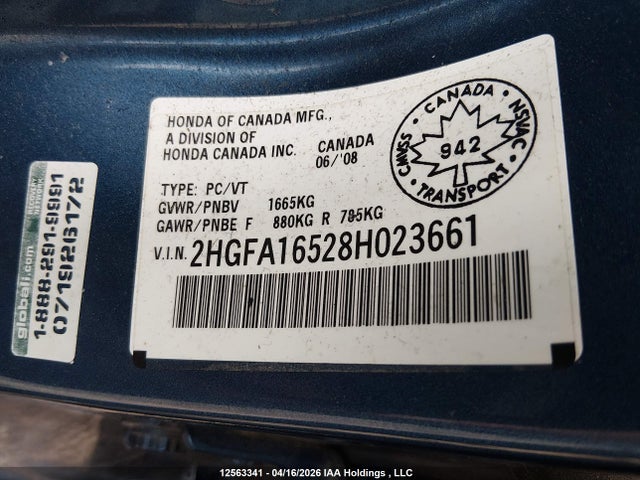 Aukcja sprzedaży 2008 Honda Civic Lx, vin: 2HGFA16528H023661, numer aukcji: 12563341