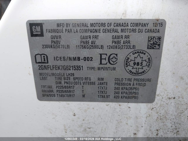 Aukcja sprzedaży 2016 Chevrolet Equinox 1lt, vin: 2GNFLFEK7G6215351, numer aukcji: 12563349