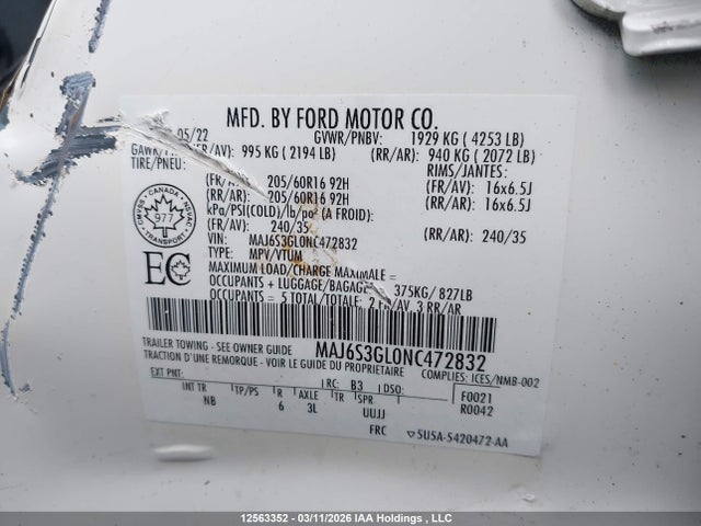 12563352 :رقم المزاد ، MAJ6S3GL0NC472832 vin ، 2022 Ford Ecosport Se مزاد بيع