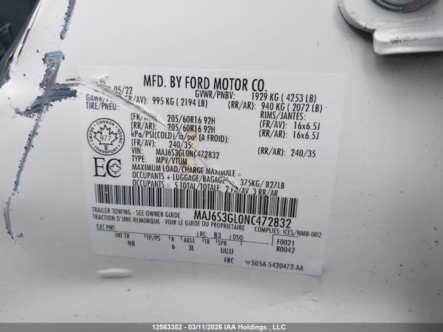 12563352 :رقم المزاد ، MAJ6S3GL0NC472832 vin ، 2022 Ford Ecosport Se مزاد بيع