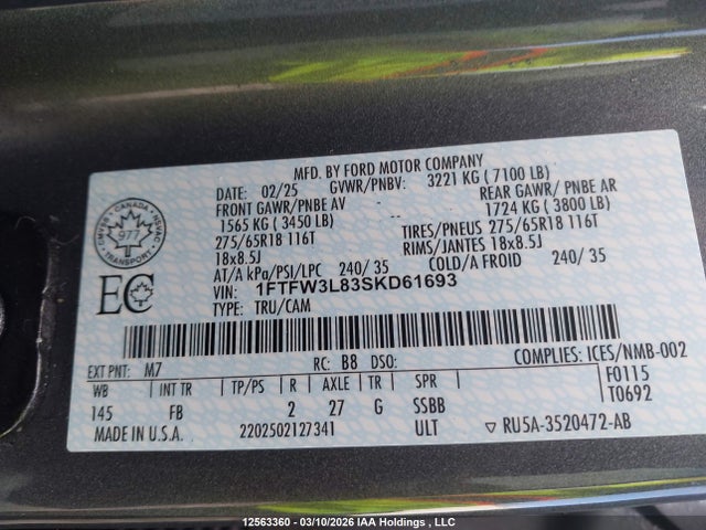 Продаж на аукціоні авто 2025 Ford F150 Xlt, vin: 1FTFW3L83SKD61693, номер лоту: 12563360