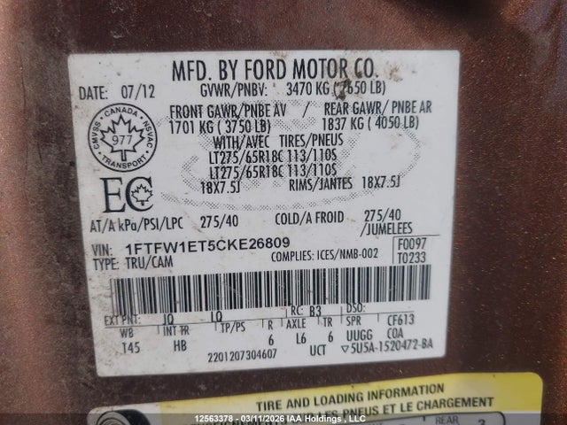12563378 :رقم المزاد ، 1FTFW1ET5CKE26809 vin ، 2012 Ford F-150 Fx4/king Ranch/lariat/platinum/xlt مزاد بيع