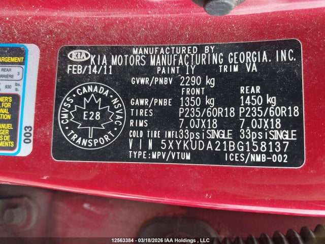 12563384 :رقم المزاد ، 5XYKUDA21BG158137 vin ، 2011 Kia Sorento Ex مزاد بيع
