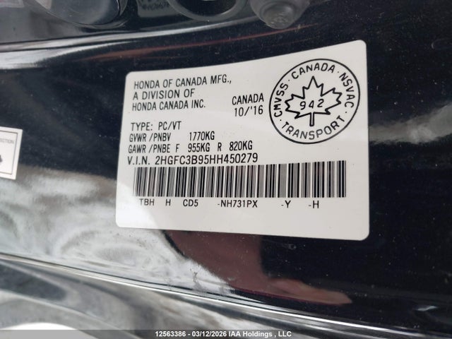 Продаж на аукціоні авто 2017 Honda Civic Touring, vin: 2HGFC3B95HH450279, номер лоту: 12563386