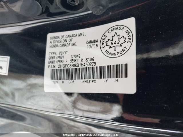 Продаж на аукціоні авто 2017 Honda Civic Touring, vin: 2HGFC3B95HH450279, номер лоту: 12563386