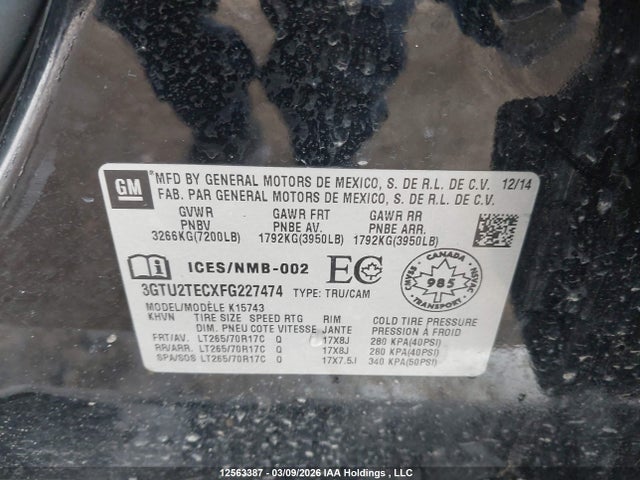 12563387 :رقم المزاد ، 3GTU2TECXFG227474 vin ، 2015 Gmc Sierra K1500 مزاد بيع