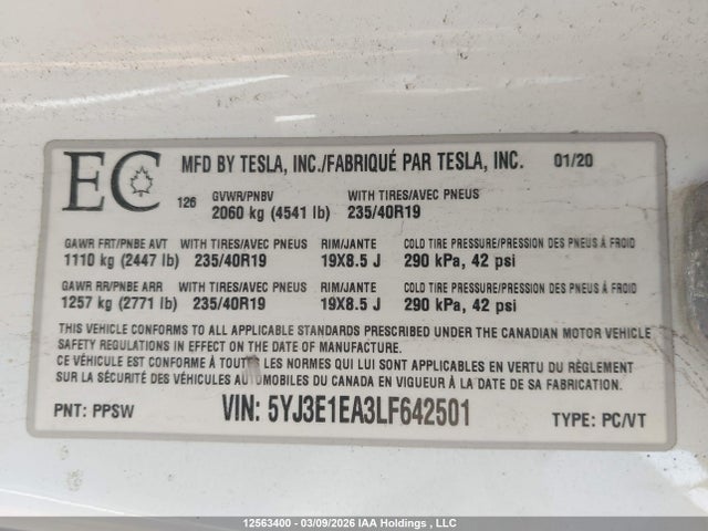 Aukcja sprzedaży 2020 Tesla Model 3 Standard Range Plus, vin: 5YJ3E1EA3LF642501, numer aukcji: 12563400