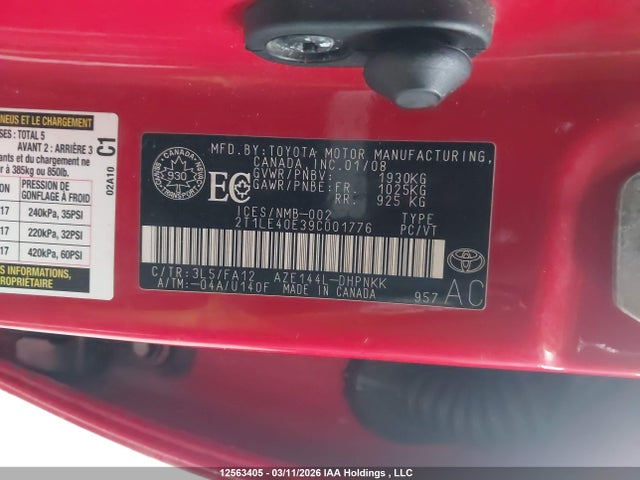 12563405 :رقم المزاد ، 2T1LE40E39C001776 vin ، 2009 Toyota Matrix مزاد بيع