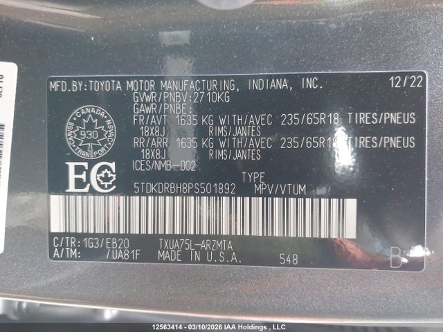 Aukcja sprzedaży 2023 Toyota Highlander Xle, vin: 5TDKDRBH8PS501892, numer aukcji: 12563414