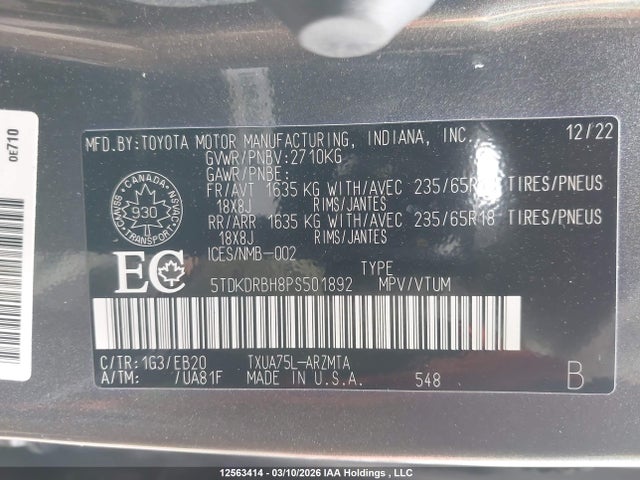 Aukcja sprzedaży 2023 Toyota Highlander Xle, vin: 5TDKDRBH8PS501892, numer aukcji: 12563414