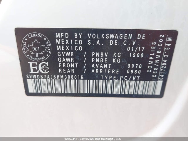 12563418 :رقم المزاد ، 3VWDB7AJ6HM308016 vin ، 2017 Volkswagen Jetta مزاد بيع