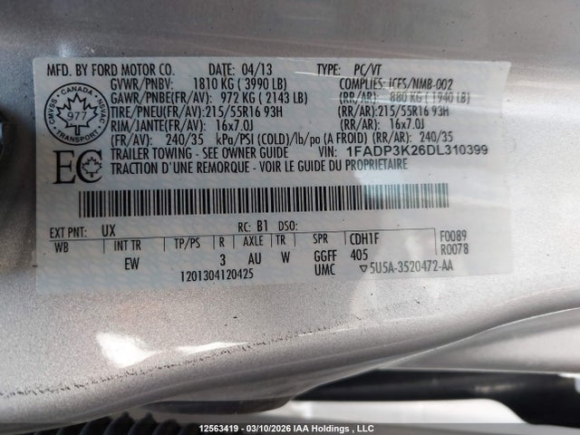 12563419 :رقم المزاد ، 1FADP3K26DL310399 vin ، 2013 Ford Focus Se مزاد بيع