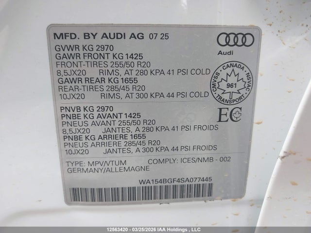 2025 Audi Q6 E-tron Progressiv მანქანა იყიდება აუქციონზე, vin: WA154BGF4SA077445, აუქციონის ნომერი: 12563420