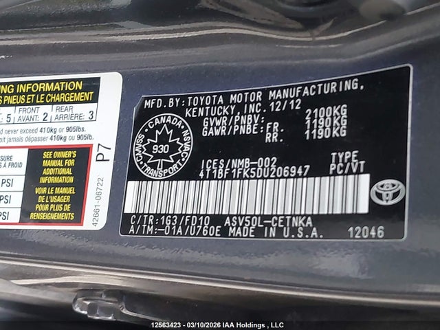 12563423 :رقم المزاد ، 4T1BF1FK5DU206947 vin ، 2013 Toyota Camry Le مزاد بيع