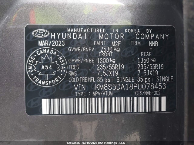 Aukcja sprzedaży 2023 Hyundai Santa Fe Luxury Hybrid Awd, vin: KM8S5DA18PU078453, numer aukcji: 12563426