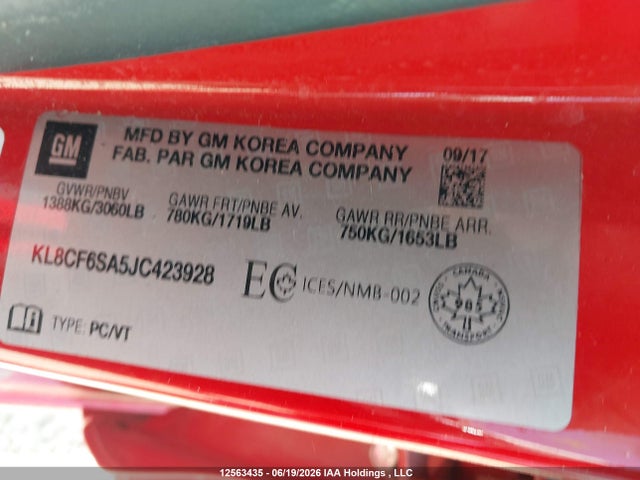 Продажа на аукционе авто 2018 Chevrolet Spark 2lt, vin: KL8CF6SA5JC423928, номер лота: 12563435