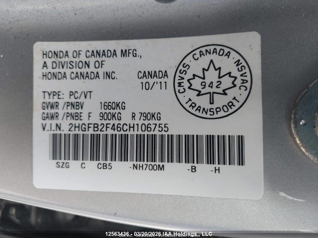 2012 Honda Civic Lx მანქანა იყიდება აუქციონზე, vin: 2HGFB2F46CH106755, აუქციონის ნომერი: 12563436