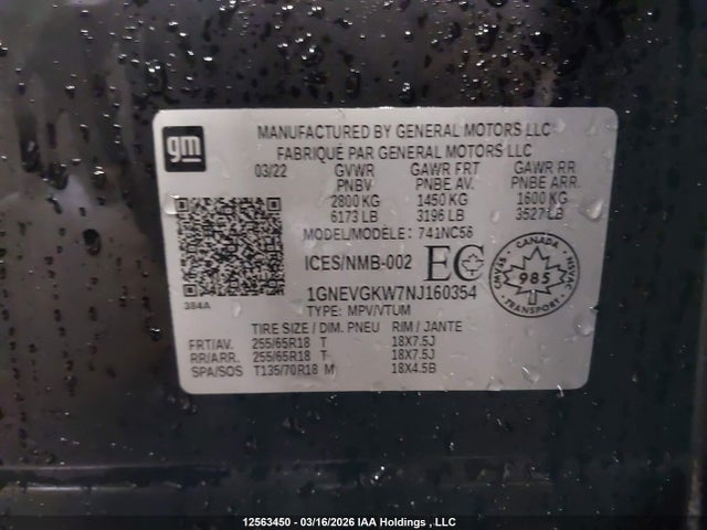 1GNEVGKW7NJ160354 Chevrolet Traverse Lt