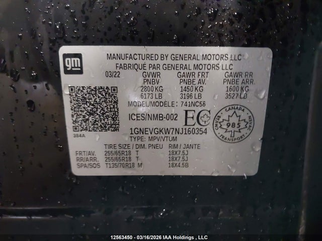 1GNEVGKW7NJ160354 Chevrolet Traverse Lt