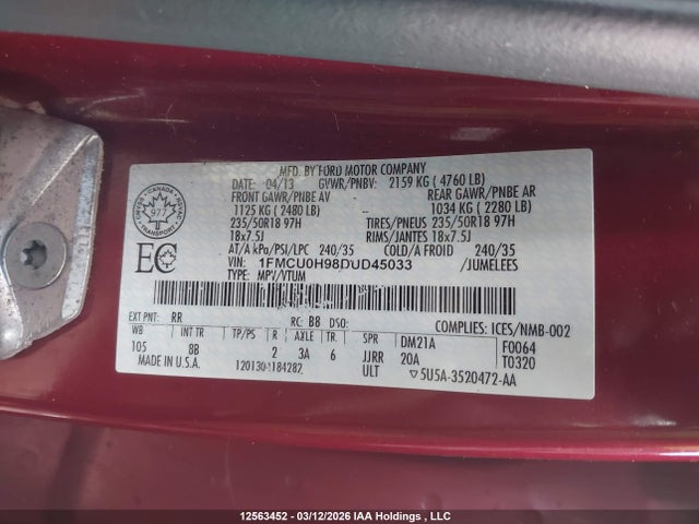 2013 Ford Escape მანქანა იყიდება აუქციონზე, vin: 1FMCU0H98DUD45033, აუქციონის ნომერი: 12563452