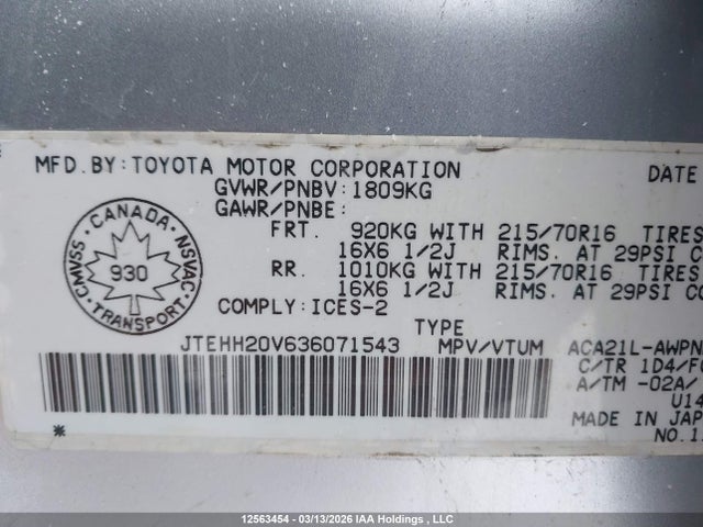 12563454 :رقم المزاد ، JTEHH20V636071543 vin ، 2003 Toyota Rav4 مزاد بيع