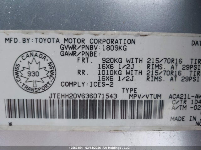 12563454 :رقم المزاد ، JTEHH20V636071543 vin ، 2003 Toyota Rav4 مزاد بيع